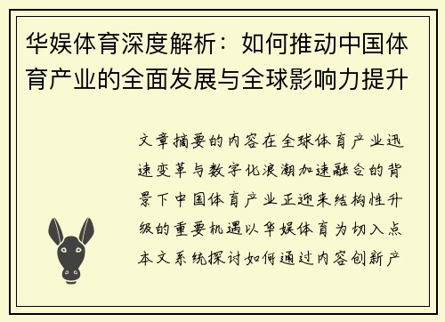 华娱体育深度解析：如何推动中国体育产业的全面发展与全球影响力提升