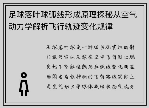 足球落叶球弧线形成原理探秘从空气动力学解析飞行轨迹变化规律 足球落叶球弧线形成原理探秘从空气动力学解析飞行轨迹变化规律